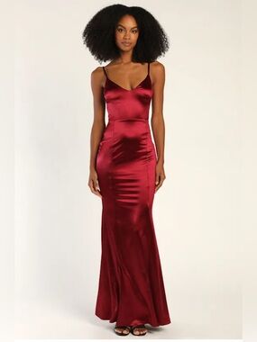Lulus Satin Open Back Lace-Up Formal Mermaid Maxi Dress NWT
